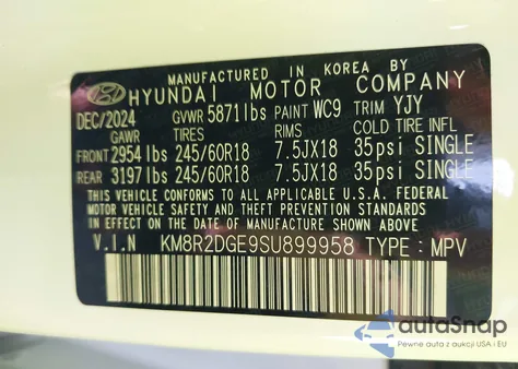 2025 Hyundai Palisade Sel from USA, damaged, VIN KM8R2DGE9SU899958